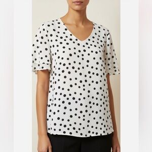 Black and White Loose Polka Dot V Neck Layered Flutter Sleeve Blouse M